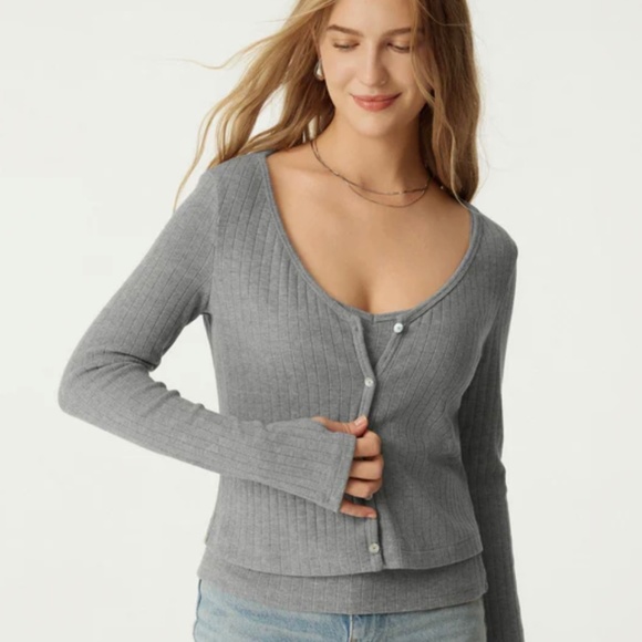 NWT - OGL Wide Rib V-Neck Cardigan - Deep Red - Picture 3 of 5